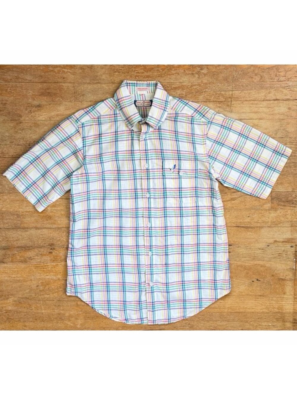 Vintage Mens Rainbow Plaid Shirt Size Small 80s Indian Cotton Short Sleeve Duck